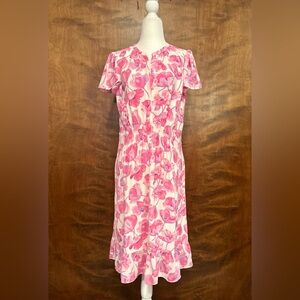 Talbots Short Sleeve Smocked Waist Easter Dress Womens 10 Pink Floral Crepe NWT
